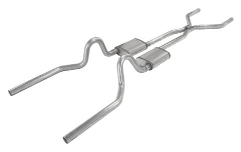 Crossmember Back w/H-Pipe Exhaust System 65-70 Mustang Split Rear Dual Exit 2.5 in Intermediate And Tail Pipe Hardware Incl Muffler And Tip Not Incl Pypes Exhaust