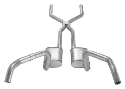 Crossmember Back w/H-Pipe Exhaust System 67-69 Split Rear Dual Exit 3 in Intermediate And Tail Pipe Street Pro Mufflers/Hardware Incl Tip Not Incl Natural 409 Stainless Steel Pypes Exhaust