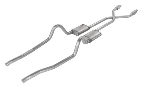 Crossmember Back w/X-Pipe Exhaust System 75-76 Mopar A-Body Split Rear Dual Exit 2.5 in Intermediate And Tail Pipe Turbo Pro Mufflers/Hardware Incl Tip Not Incl Catalytic Converter Incl Pypes Exhaust