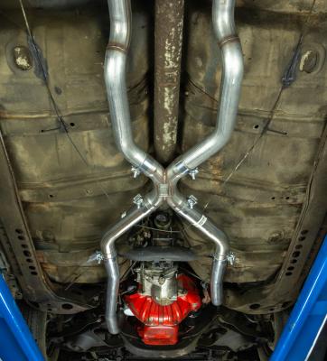 Crossmember Back w/X-Pipe Exhaust System 68-72 Chevelle High Tubro Split Rear Dual Exit 2.5 in Intermediate And Tail Pipe 18 inch Turbo Pro Muffler/Hardware Incl Tip Not Incl Pypes Exhaust